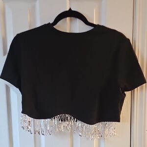 Black Beaded Fringe Crop Top